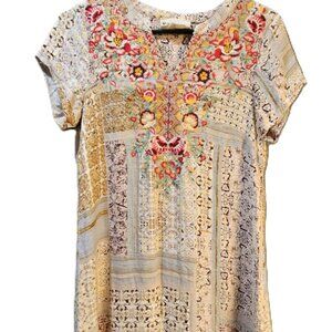 Savanna Jane Boho Embroidered Shift Dress Small Patchwork Floral Cottagecore